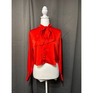Nine West Red Satin Bow Blouse XS Cropped Tie Neck Long Sleeve Holiday Chic